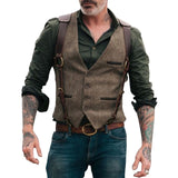 Wool Tweed Men Suit Vests Victorian Steampunk Cosplay Mens Waistcoat with Leather Gentleman Groomman Wedding Slim Fit Men Gilet