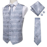 Hi-Tie 20 Color Silk Men's Vests and Tie Business Formal Dresses Slim Vest 4PC Hanky cufflinks for Suit Blue Paisley Waistcoat
