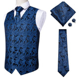 Hi-Tie 20 Color Silk Men's Vests and Tie Business Formal Dresses Slim Vest 4PC Hanky cufflinks for Suit Blue Paisley Waistcoat