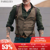 Wool Tweed Men Suit Vests Victorian Steampunk Cosplay Mens Waistcoat with Leather Gentleman Groomman Wedding Slim Fit Men Gilet